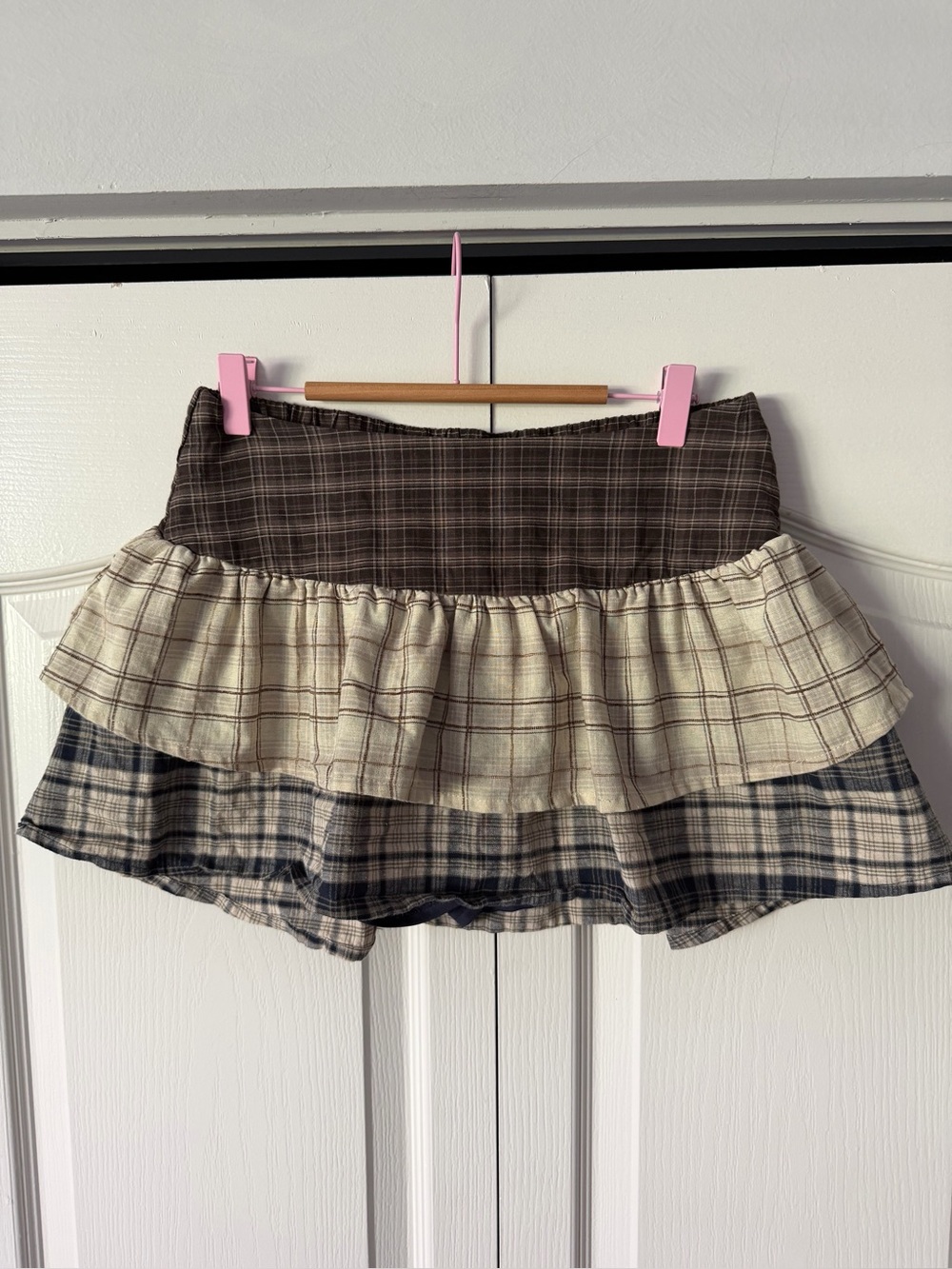 Plaid Tiered Ruffle Skort in Brown, Cream, and Gray